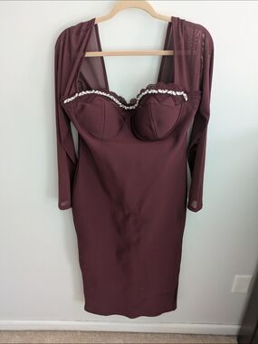 Wine Burgundy Bodycon Dress with Sheer Sleeves
